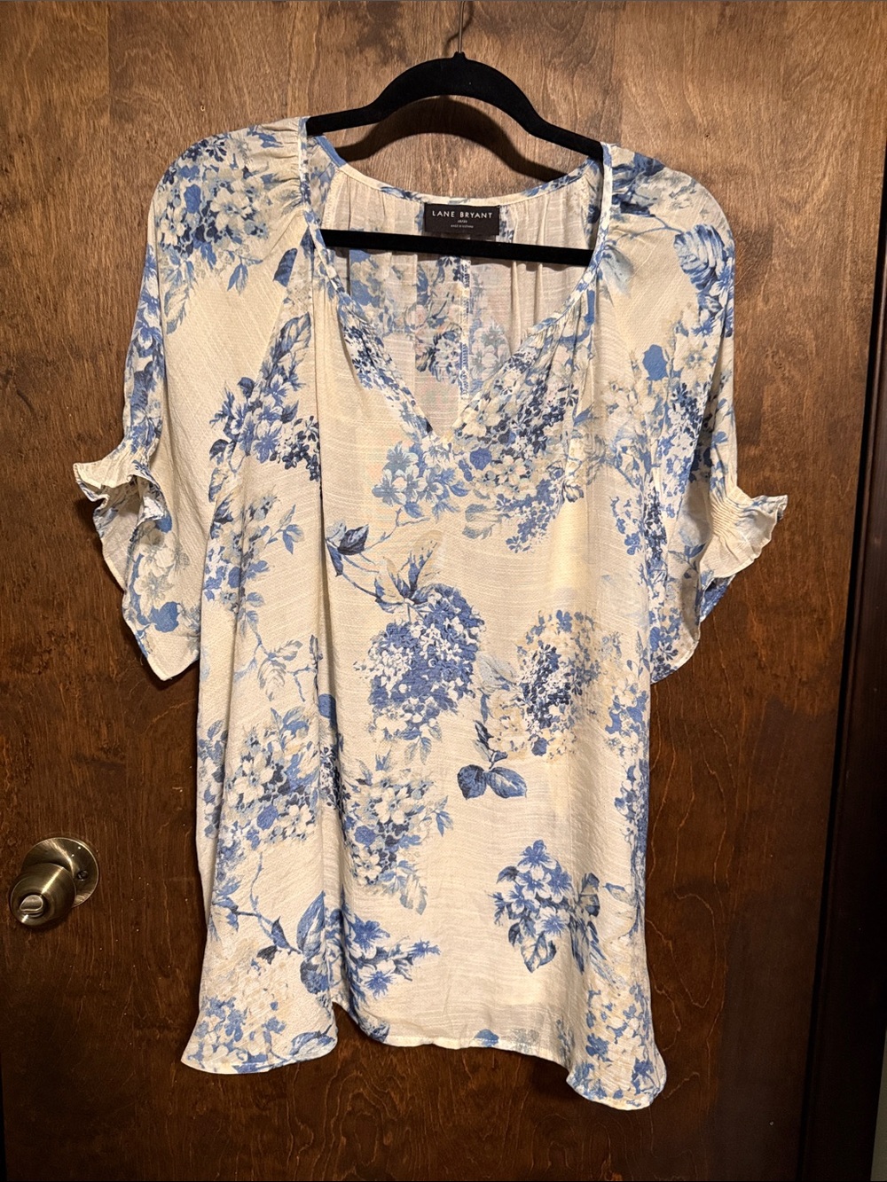 Lane Bryant Cream Blouse with Blue Floral Print